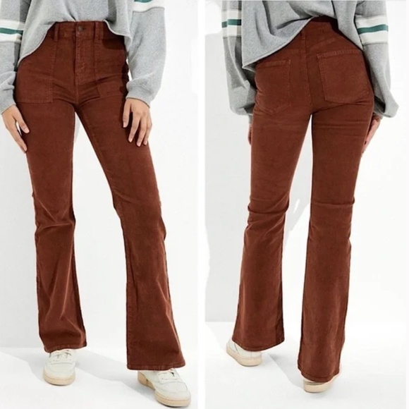American Eagle "Super Hi-Rise Flare" Brown Corduroy Pants Sz 8 Long - Picture 1 of 10